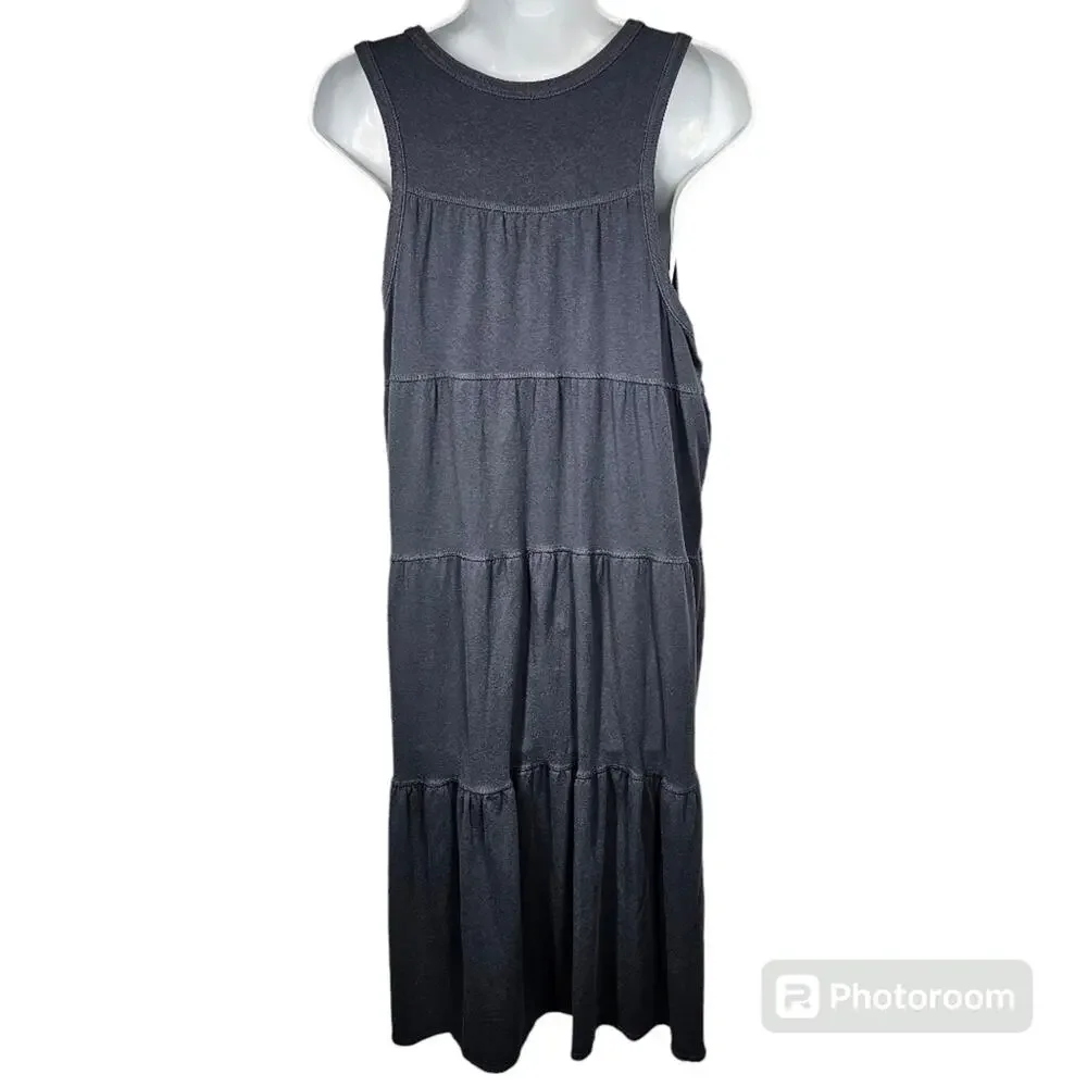 Athleta Drop In Tiered Sleeveless Cotton Blend Dress, Charcoal Gray, Size L
